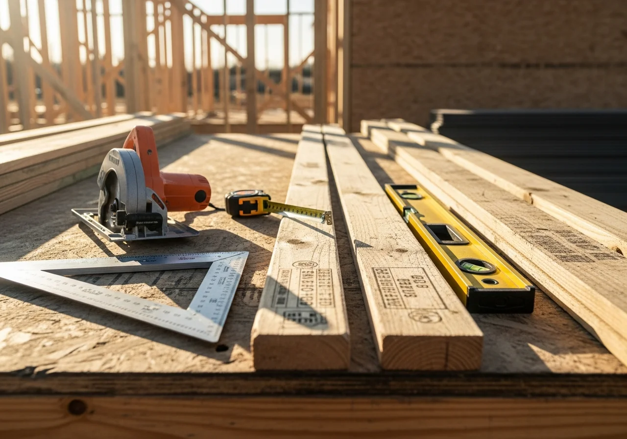 Carpentry tools and materials on a job site, showcasing the hands-on craftsmanship of residential construction work.