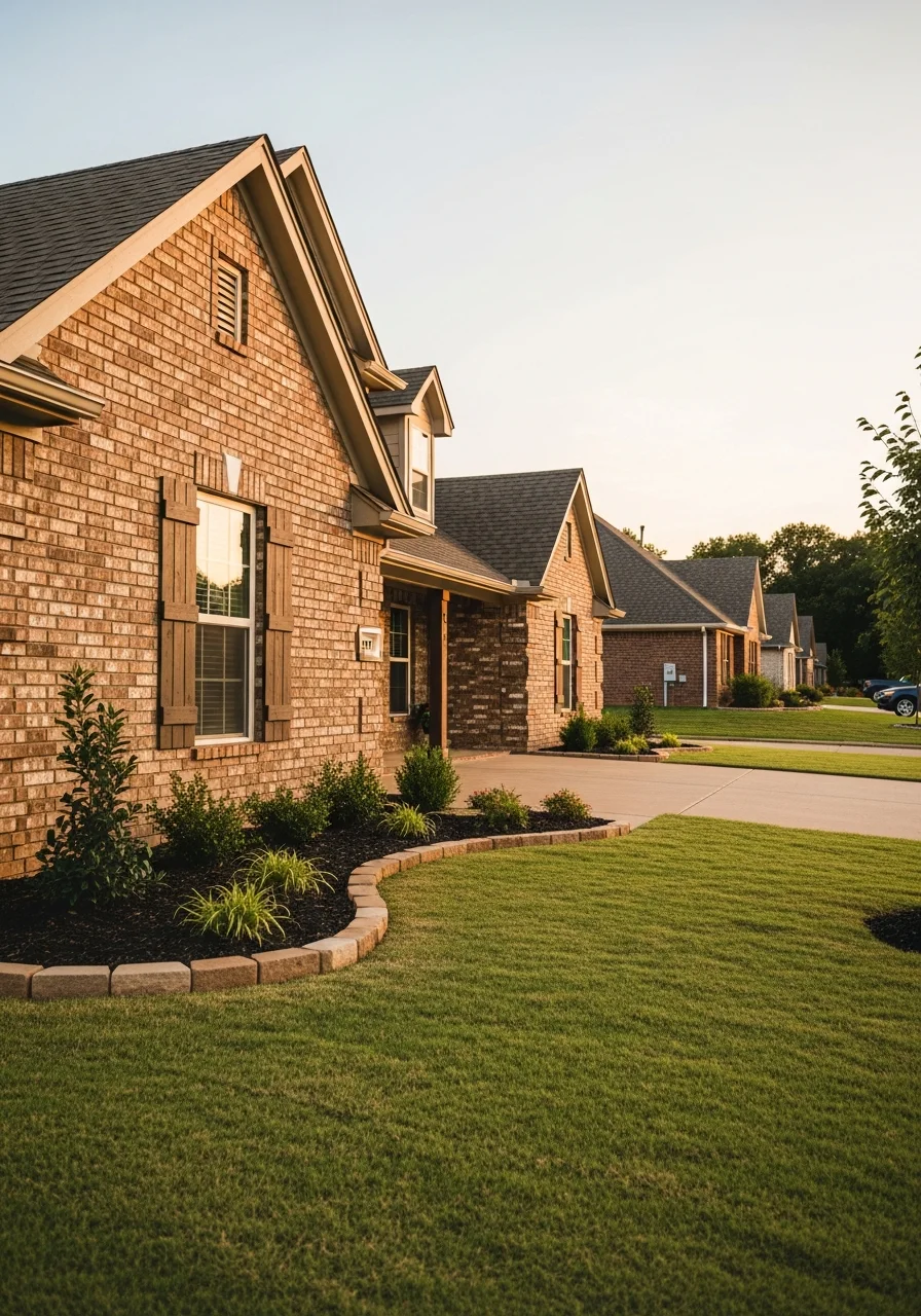 Close-up of a Harrah home exterior showing residential construction and area property style.