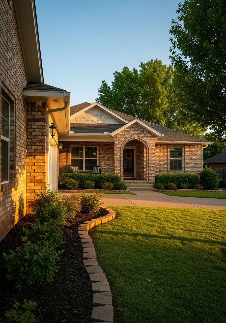 Detail of a well-maintained Moore residential home exterior with landscaping and front entrance.