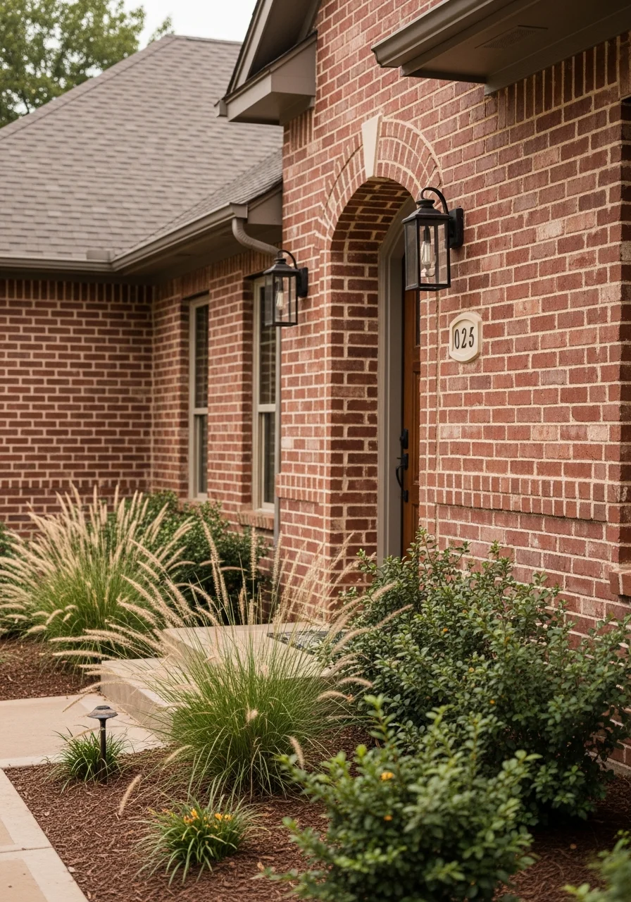 Close-up of a Norman property entrance with brick detailing and landscaping typical of the area.