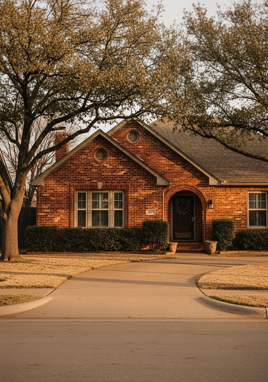 Close-up of a residential property in an Oklahoma City neighborhood with mature trees and brick exterior.