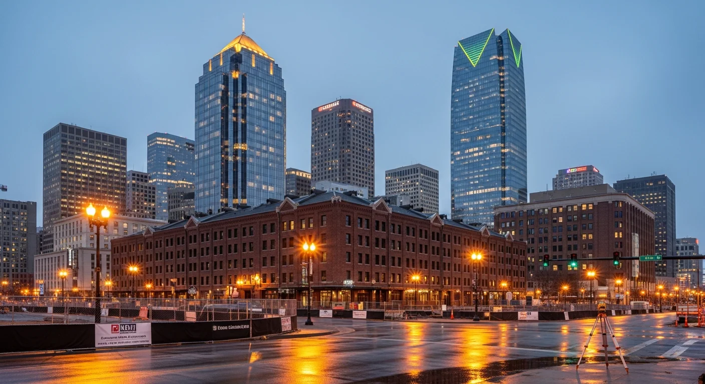 Oklahoma City skyline at dusk with downtown buildings and street lights reflecting off wet pavement.