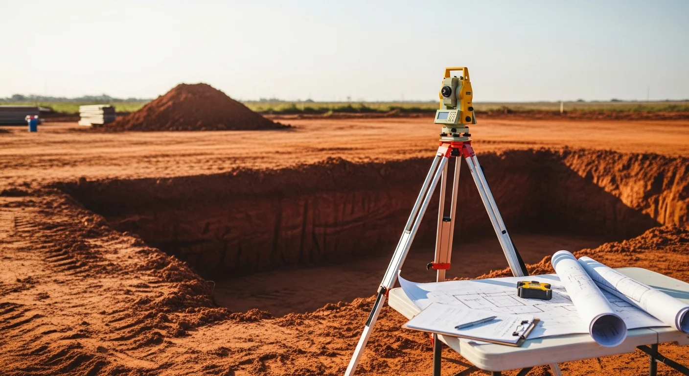 A Bar X Construction project manager reviewing building plans on an active construction site in Oklahoma City, OK. Framed structure and graded clay soil are visible in the background.