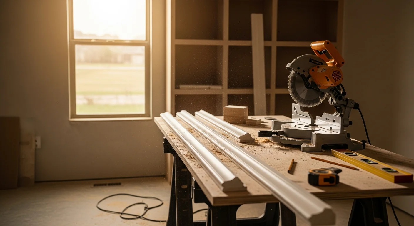 Interior of an Oklahoma City home showing a floor-to-ceiling custom built-in shelving unit with clean trim work installed by Bar X Construction. The wood shelving fits flush against the wall with consistent joinery and a paint-ready finish.