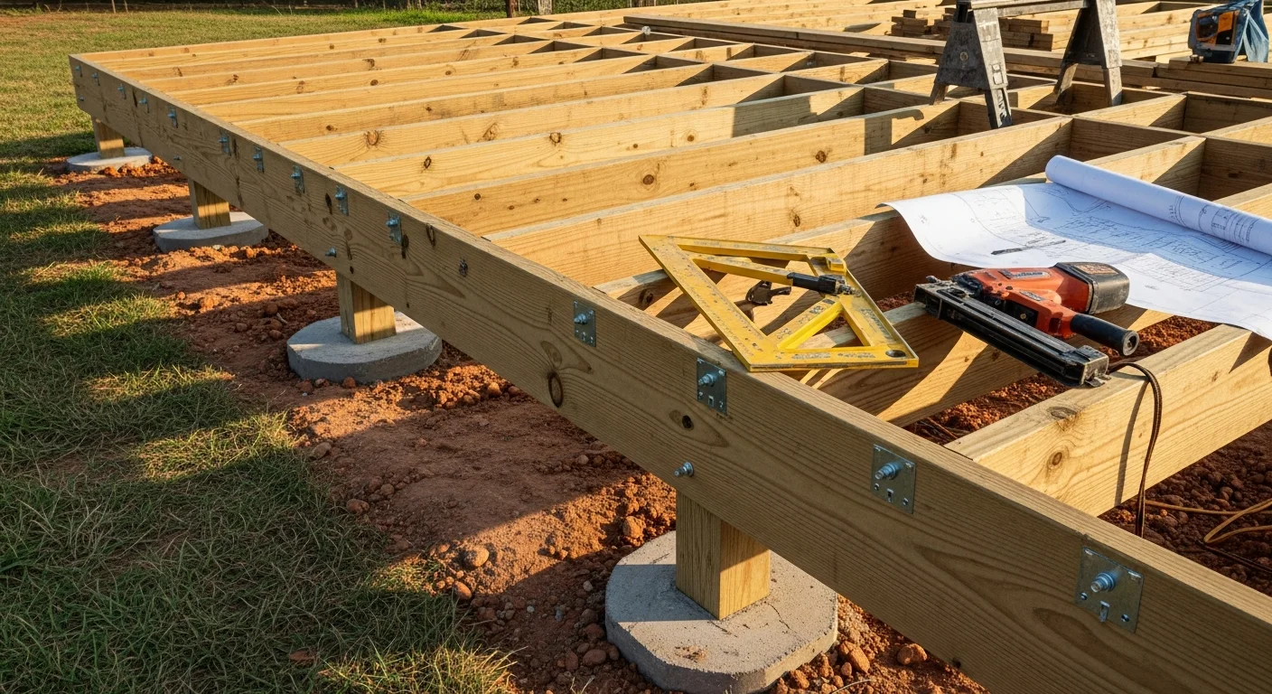 A newly constructed wood deck attached to the back of a single-family home in Oklahoma City, OK, with board framing, post-and-beam railings, and stairs leading to a flat backyard. The deck structure shows visible post anchors and level framing suited to Oklahoma City's clay soil conditions.