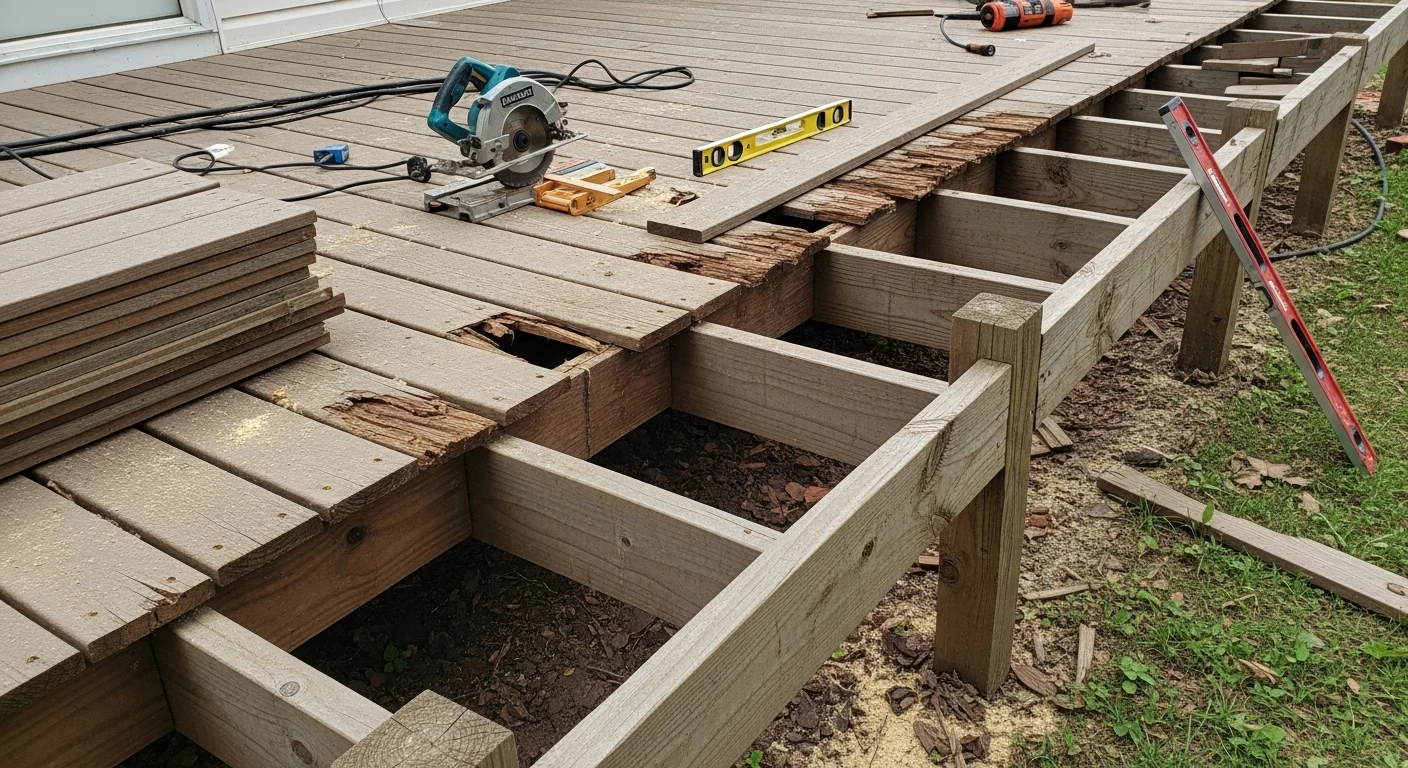 A residential wood deck in Oklahoma City, OK showing repaired boards, reinforced railing posts, and restored joists on a backyard structure. Close-up view of a carpenter securing a deck board with corrosion-resistant fasteners on an OKC home.