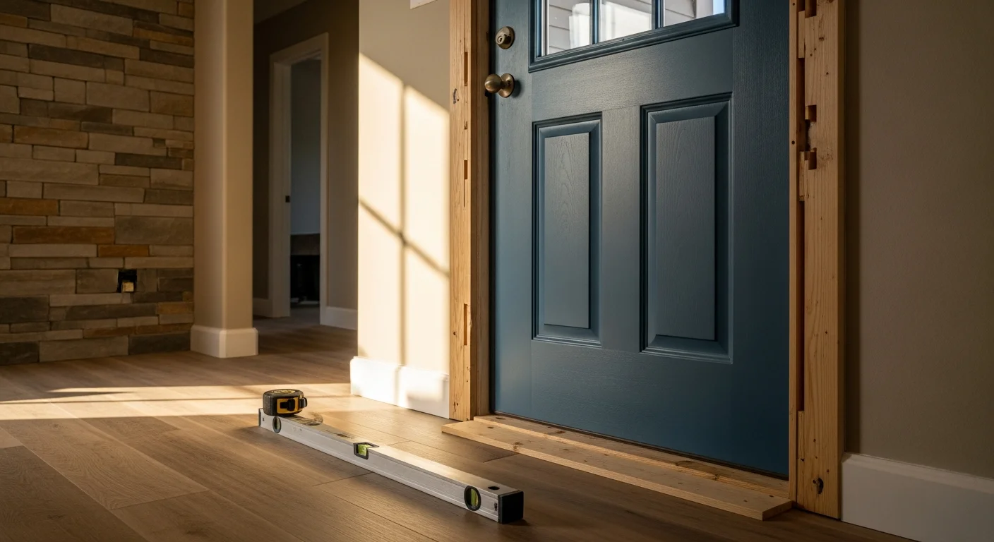 A newly installed exterior entry door on a residential home in Oklahoma City, OK, with a clean frame, fitted threshold, and weatherstripping visible along the door edges. The door sits flush and level within the opening, showing a finished installation ready for Oklahoma's seasonal weather conditions.