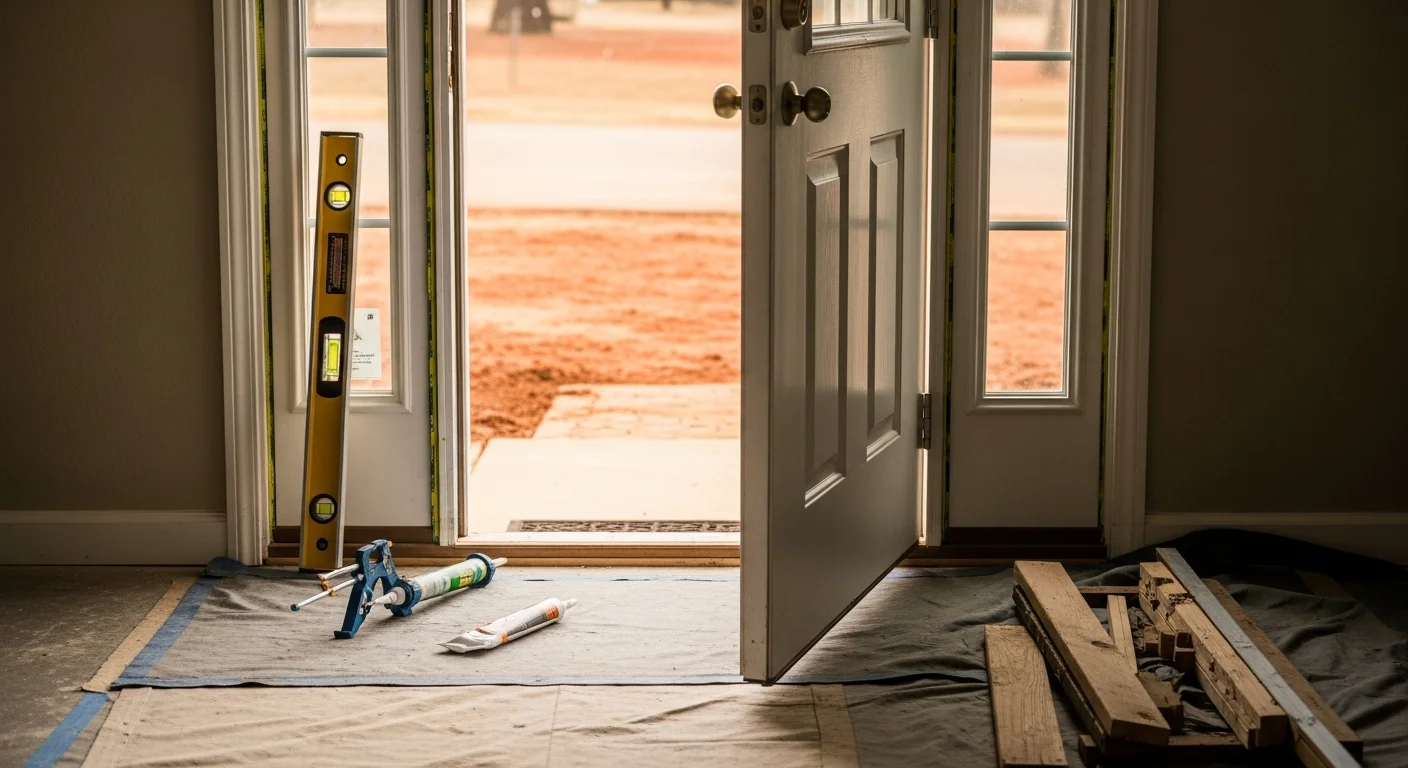 A newly installed exterior entry door on an Oklahoma City residential home, showing a flush frame, fresh weatherstripping, and updated hardware on a brick-front facade. The door sits level and square within the opening, with no visible gaps along the threshold or jamb.