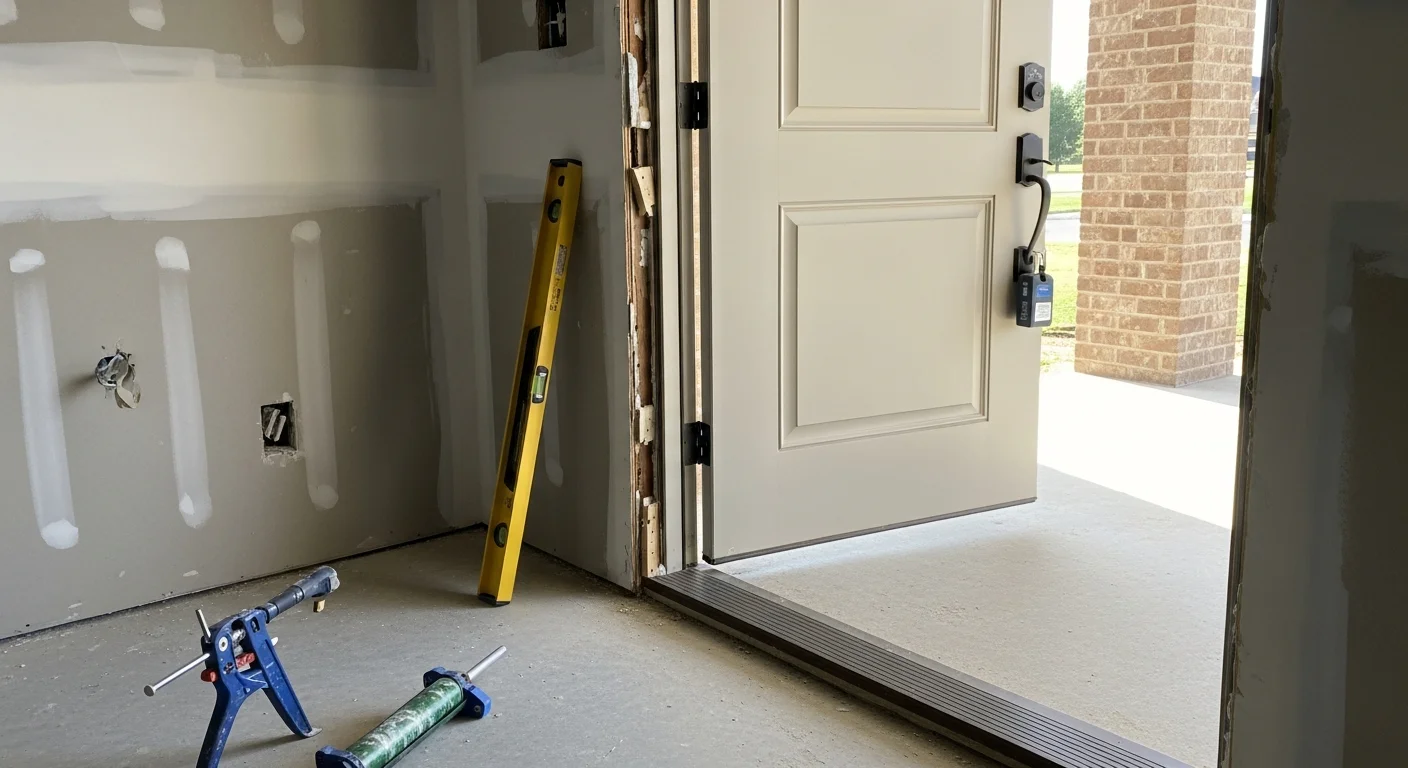 A newly installed exterior entry door on an Oklahoma City, OK home, showing a flush-fit frame, finished threshold, and weatherstripping along the full door perimeter. The door sits plumb and square in the opening with no visible gaps between the frame and exterior siding.