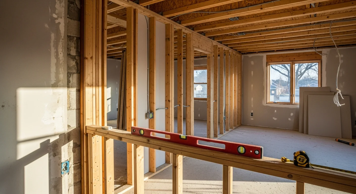Renovated interior of an Oklahoma City single-family home showing an open living and kitchen area with updated finishes and new flooring. A general contractor crew from Bar X Construction is visible completing trim and finish work in the background.