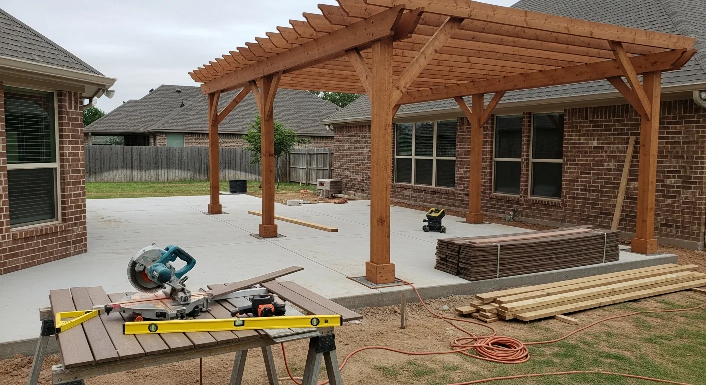 A custom wood deck with a covered pergola and built-in seating area attached to a residential home in Oklahoma City, OK. The structure includes shade coverage and a defined outdoor living zone suited to the local climate.