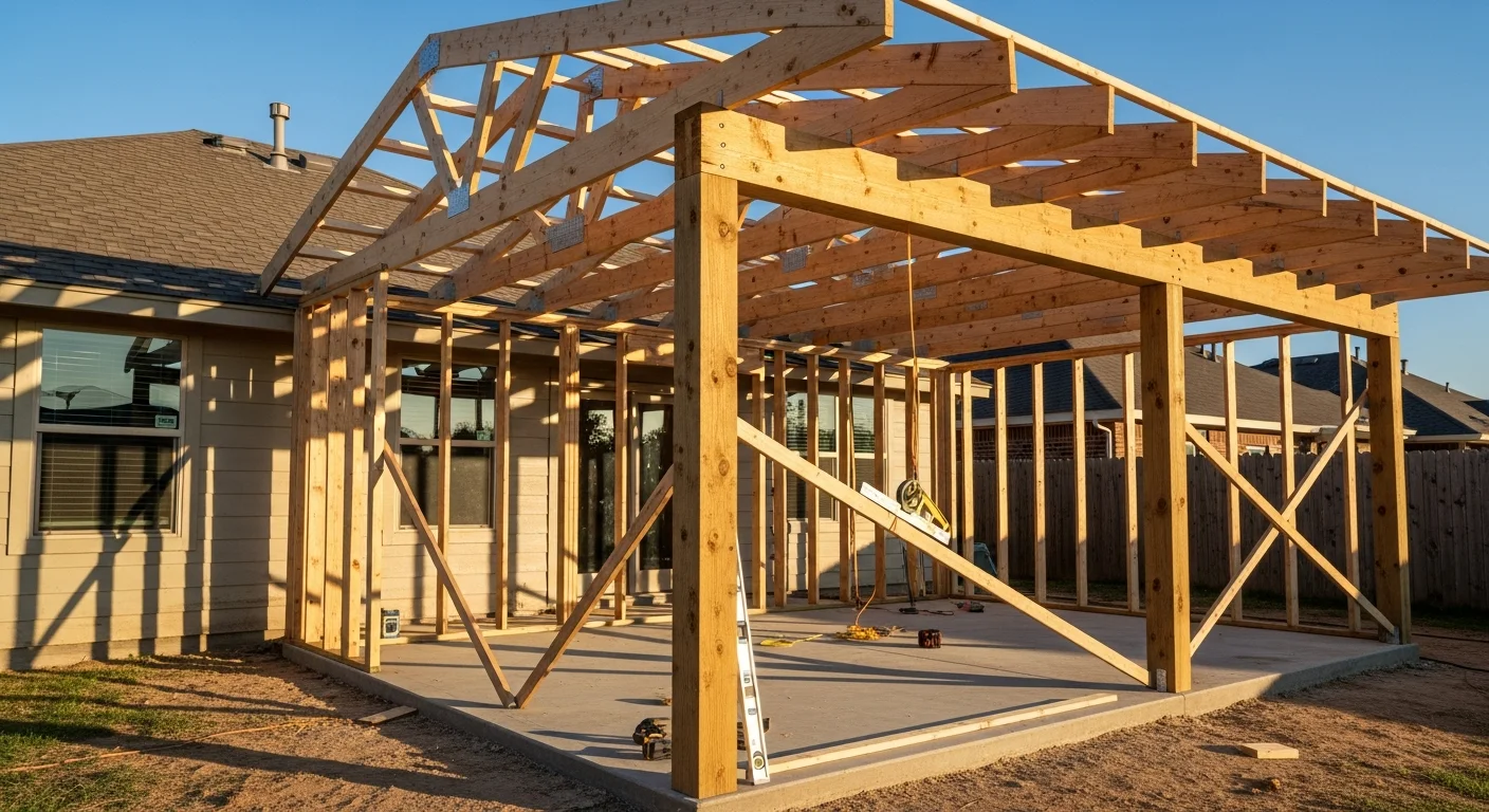 A newly installed wood-framed patio cover attached to the back of a single-story Oklahoma City home, casting shade over a concrete patio on a clear summer day. The structure features clean post-and-beam framing with a solid roof panel, set flush against the home's exterior wall.