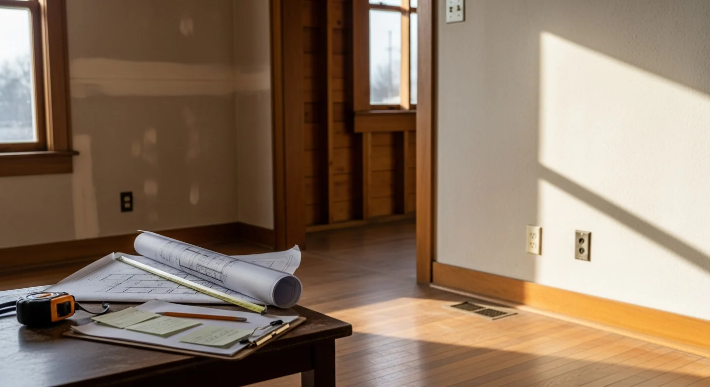 A Bar X Construction general contractor reviewing interior remodeling plans with a homeowner inside an older Oklahoma City home. The image shows an open living area with original framing visible, reflecting a pre-construction consultation walkthrough.