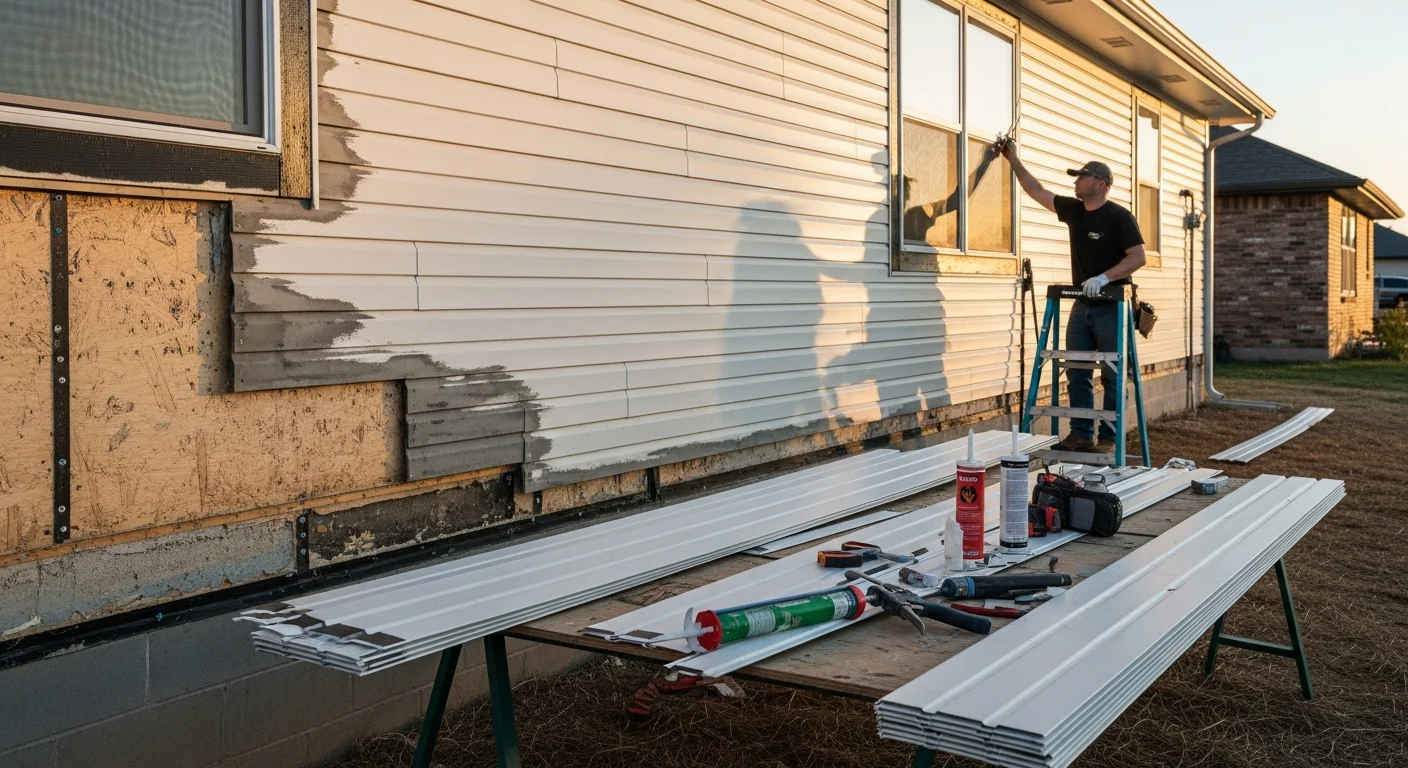 A Bar X Construction crew member inspecting hail-damaged siding panels on the exterior wall of an Oklahoma City, OK home. Close-up view shows cracked and dented panels awaiting repair.