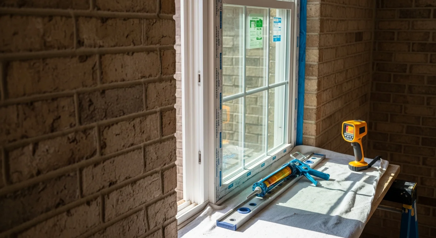 A freshly installed double-hung window on the exterior of an Oklahoma City residential home, with clean frame edges and a tight seal visible against the brick siding. A Bar X Construction crew member checks the frame fit from outside the property.