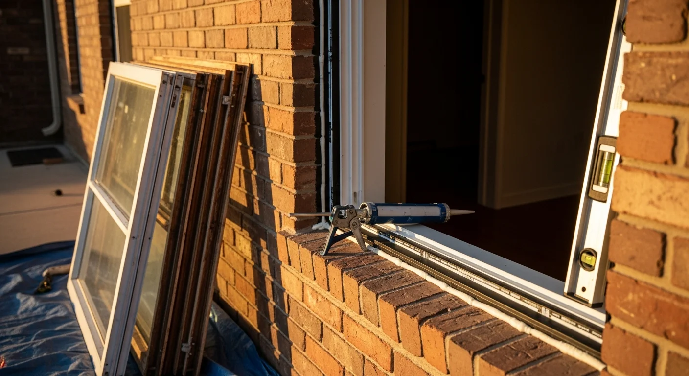 A newly installed replacement window on an Oklahoma City residential home, showing a clean frame, clear dual-pane glass, and a tight exterior seal against the brick facade. The window is fully closed and flush with the surrounding wall, with no visible gaps or frame damage.